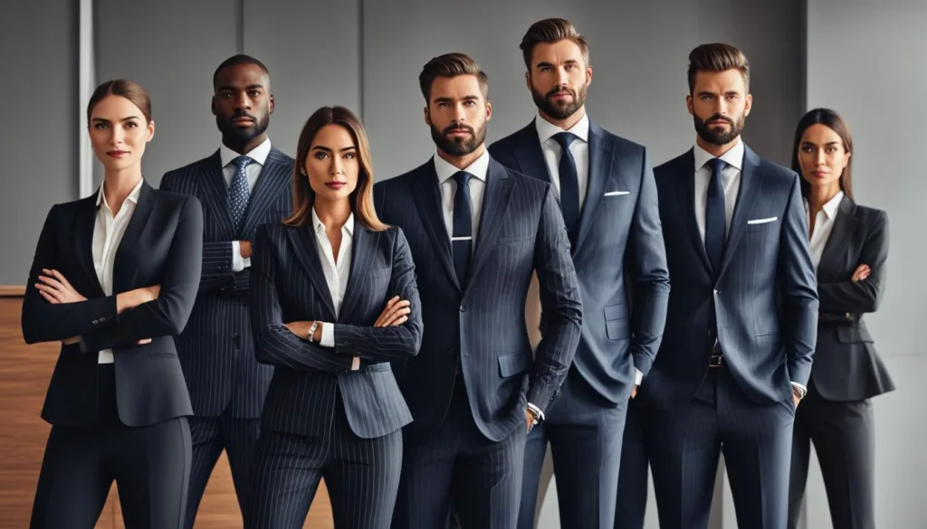 Business professional attire in pinstripe suits
