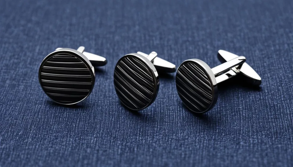 Contemporary cufflink paired with pinstripe suit
