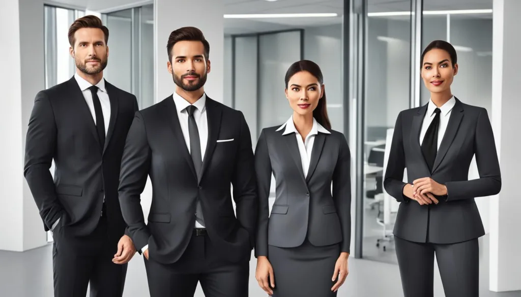 Coordinating charcoal suits for daily office wear