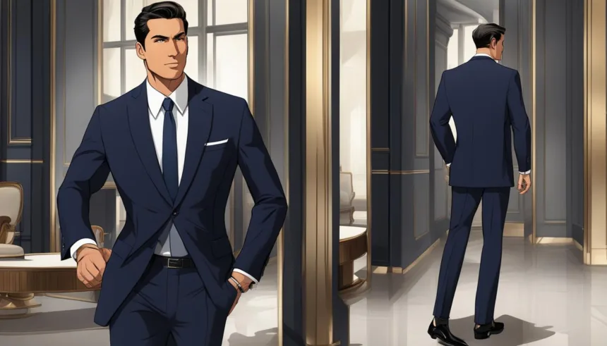 Navy business suit for corporate dinners