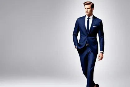 Navy business suit in fashion editorials