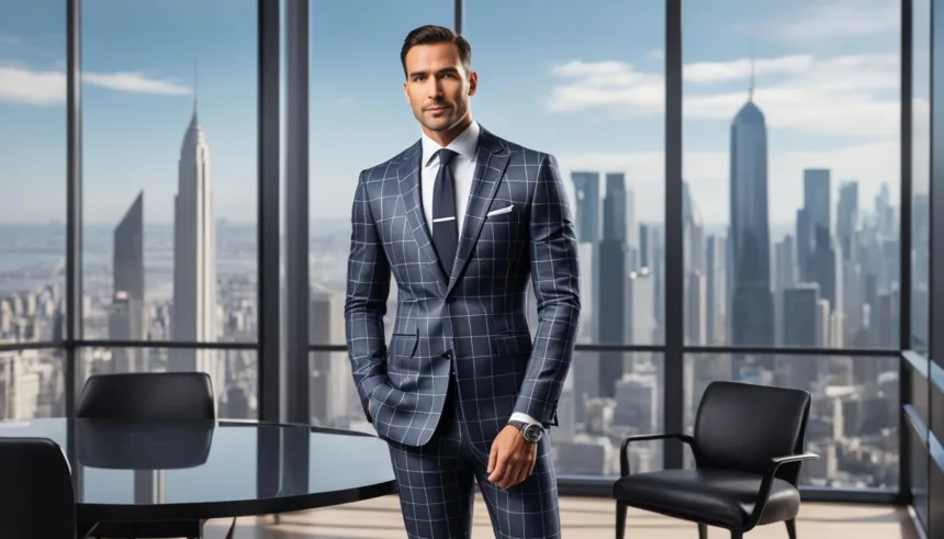 Windowpane check suit for conferences
