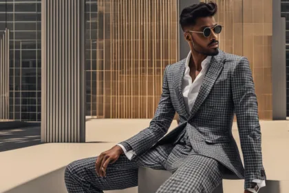 Windowpane check suit in fashion editorials